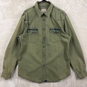 Mossimo Supply Co Olive Green Washed Denim Western Shirt Men Size L Snap Buttons